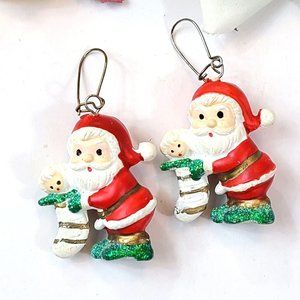 Vintage Christmas Santa Claus Dangly Pierced Earrings 3-D Baby Doll in Stocking